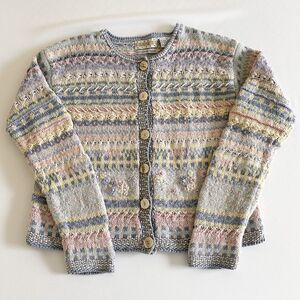 Sigrid Olsen Sport Hand Knit Cardigan Sweater M Ramie Cotton Pastel Cottagecore